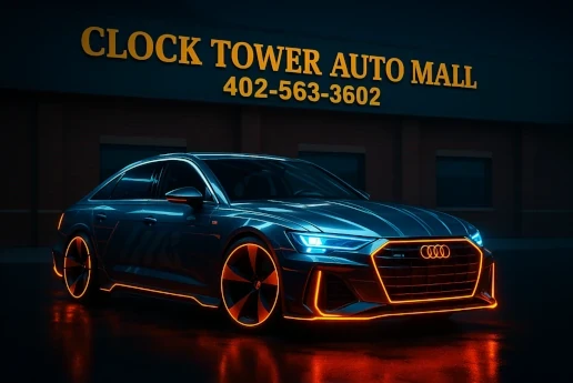 Pre-owned vehicles displayed in front of the dealership building
